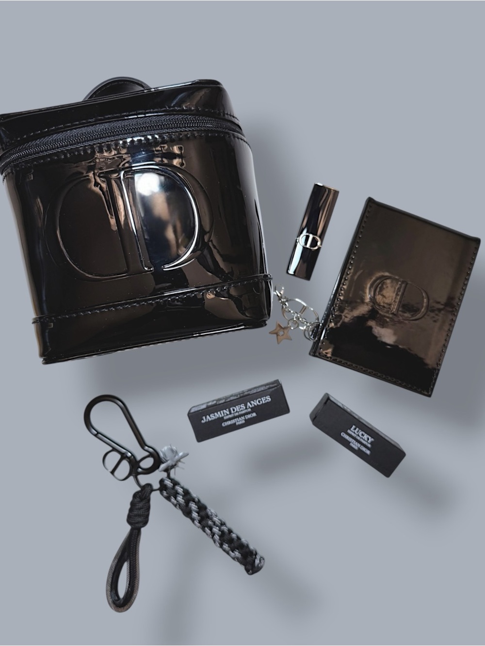 Dior Beauty GWP Items black top handle case, bi-fold mirror, bag charm & minis